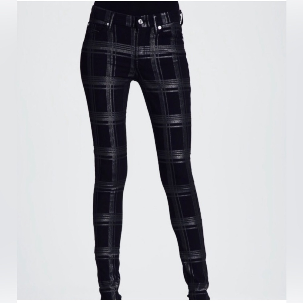 NWOT   7 For All Mankind Skinny Plaid Black Metallic Pant Size 30